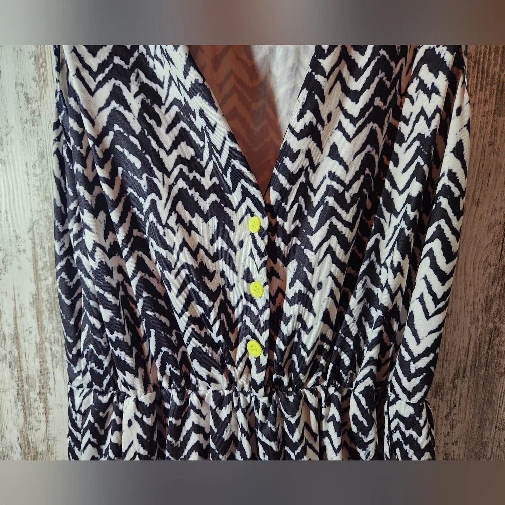 Black and White Chevron Jumpsuit Romper With Pockets Neon Yellow Buttons